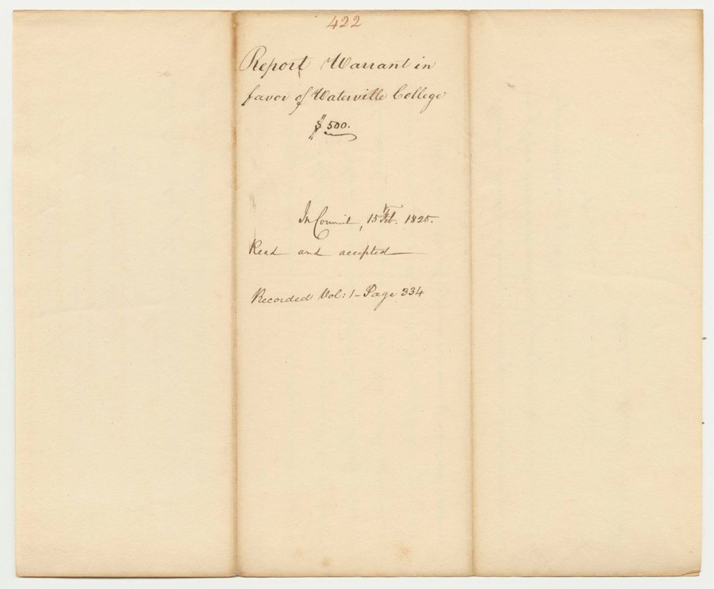 Miniature of Report 422: Warrant in Favor of Waterville College