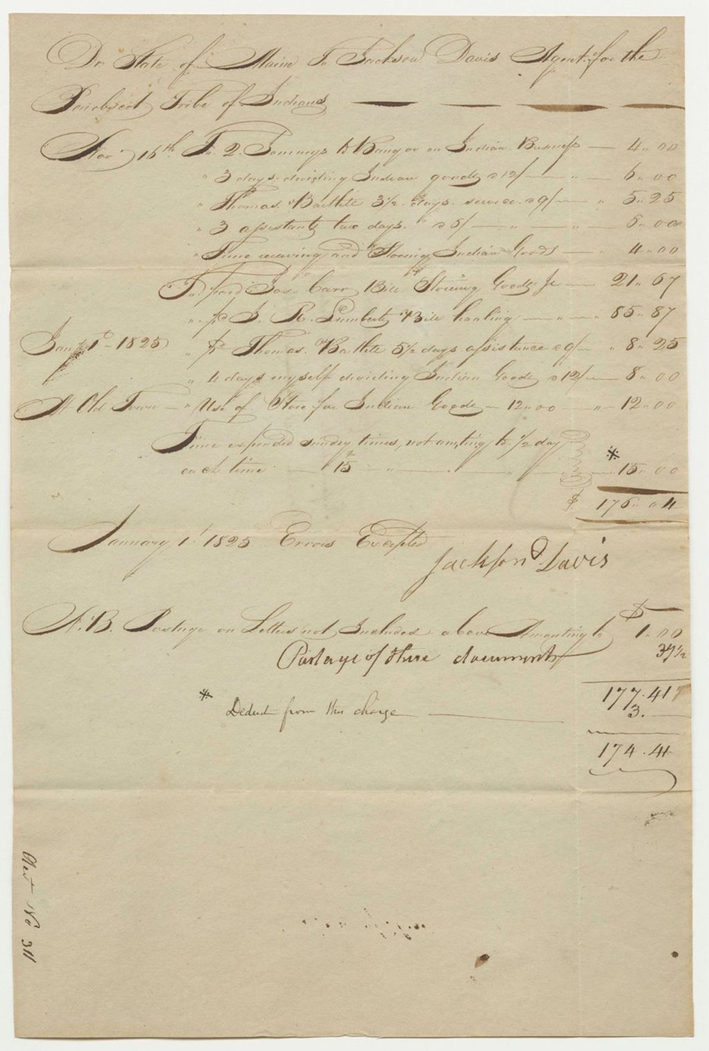 Miniature of Account of Jackson Davis, Agent for the Penobscot Tribe of Indians