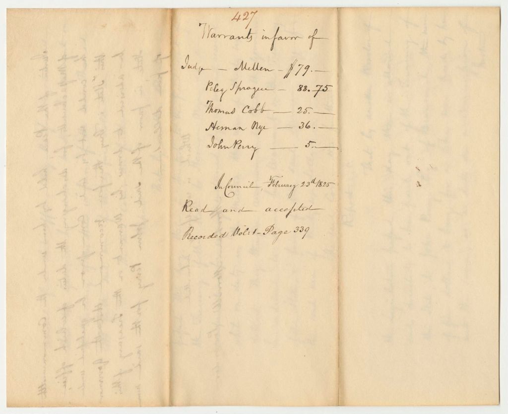 Miniature of Report 427: Report on the Warrants in Favor of Judge Mellen, Peleg Sprague, Thomas Cobb, Heman Nye, and John Perry