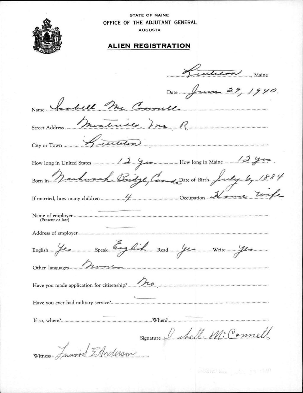 Miniature of Alien Registration- Mcconnell, Isabell (Limestone, Aroostook County)