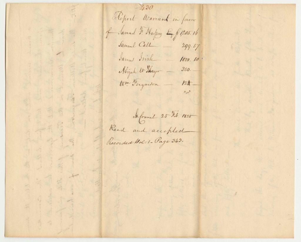 Miniature of Report 430: Report on the Warrants in Favor of Samuel F. Hussey, Samuel Call, James Irish, Abijah W. Thayer, and William Fergurson