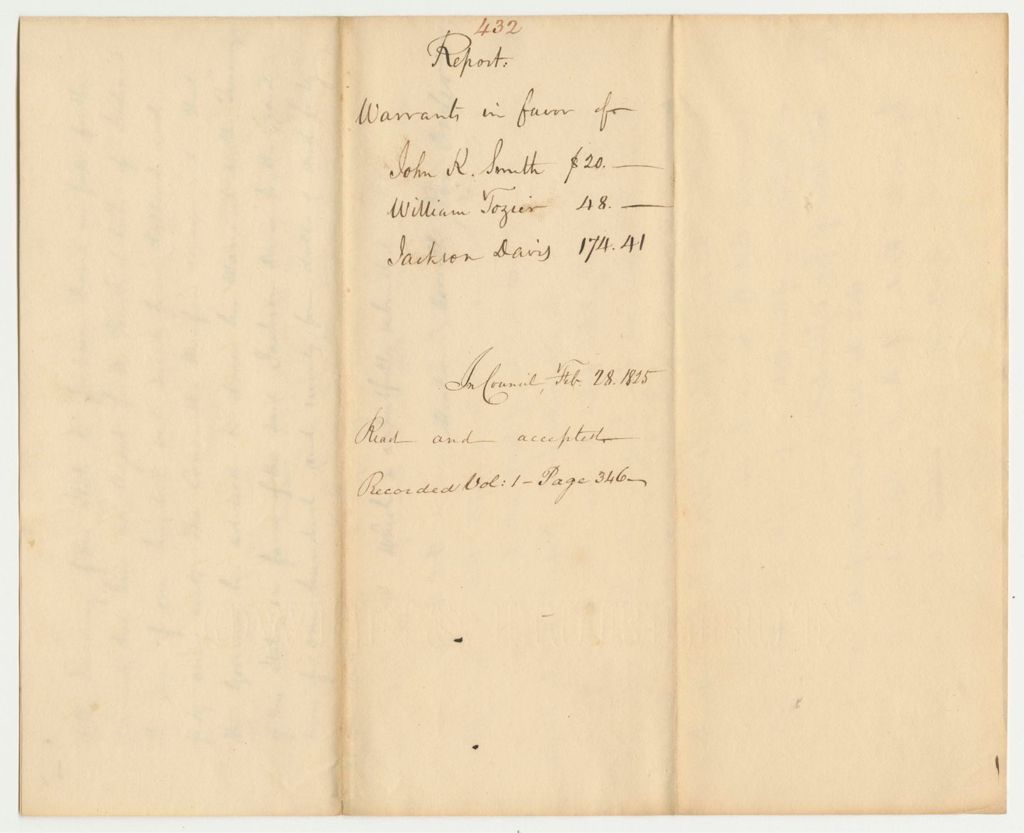 Miniature of Report 432: Report for the Warrants in Favor of John K. Smith, William Tozier, and Jackson Davis