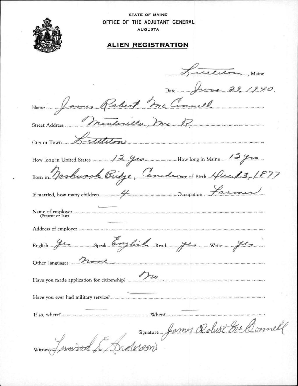 Miniature of Alien Registration- Mcconnell, James R. (Limestone, Aroostook County)