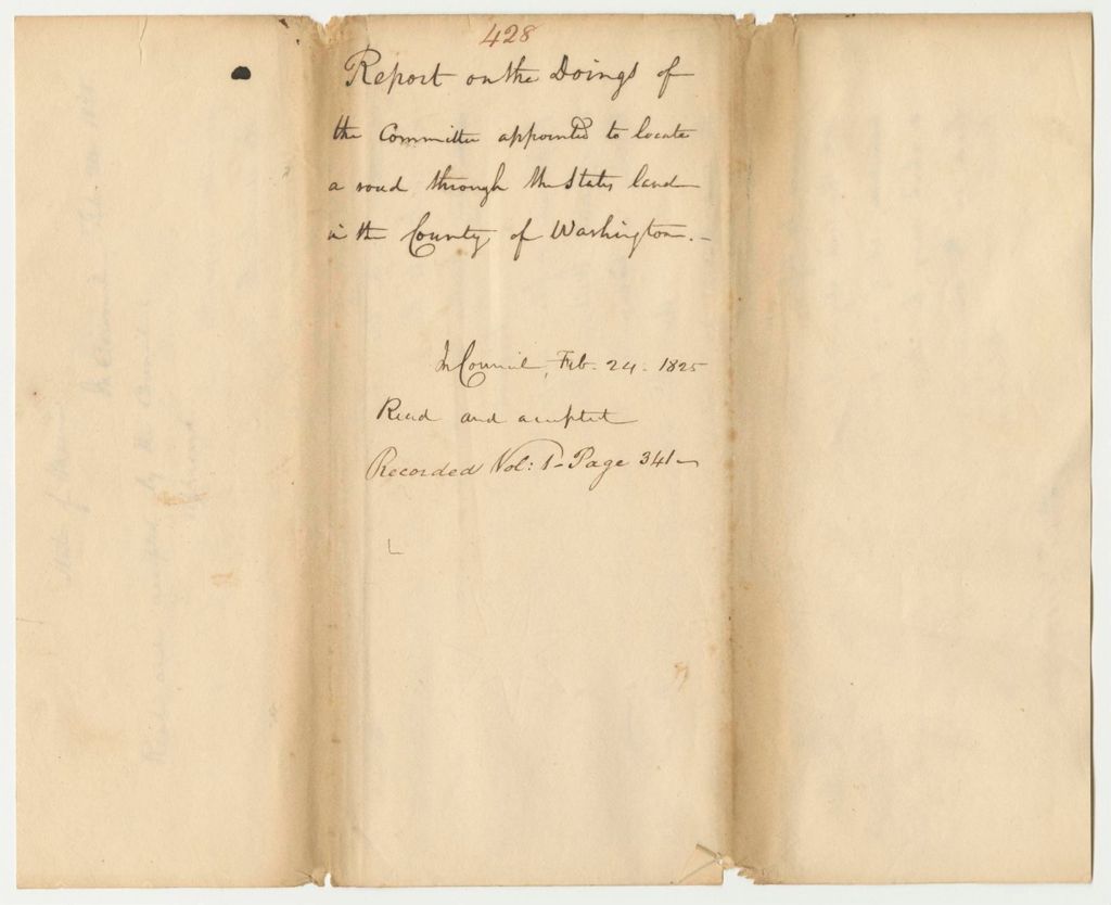Miniature of Report 428: Report on the Doings of the Committee to Locate a Road Through the States Land in the County of Washington