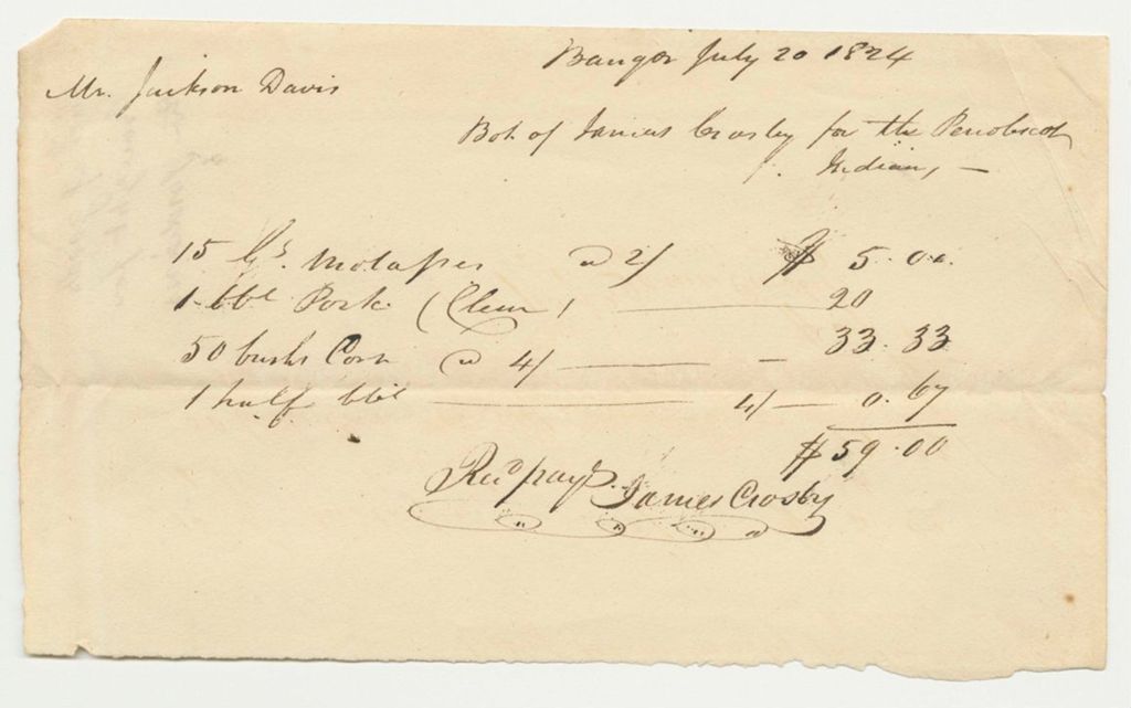 Miniature of Jackson Davis Bill for Food for the Penobscot Indians from James Crosby