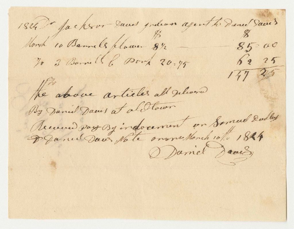 Miniature of Jackson Davis Bill for Goods for Penobscot Indians from Daniel Davis