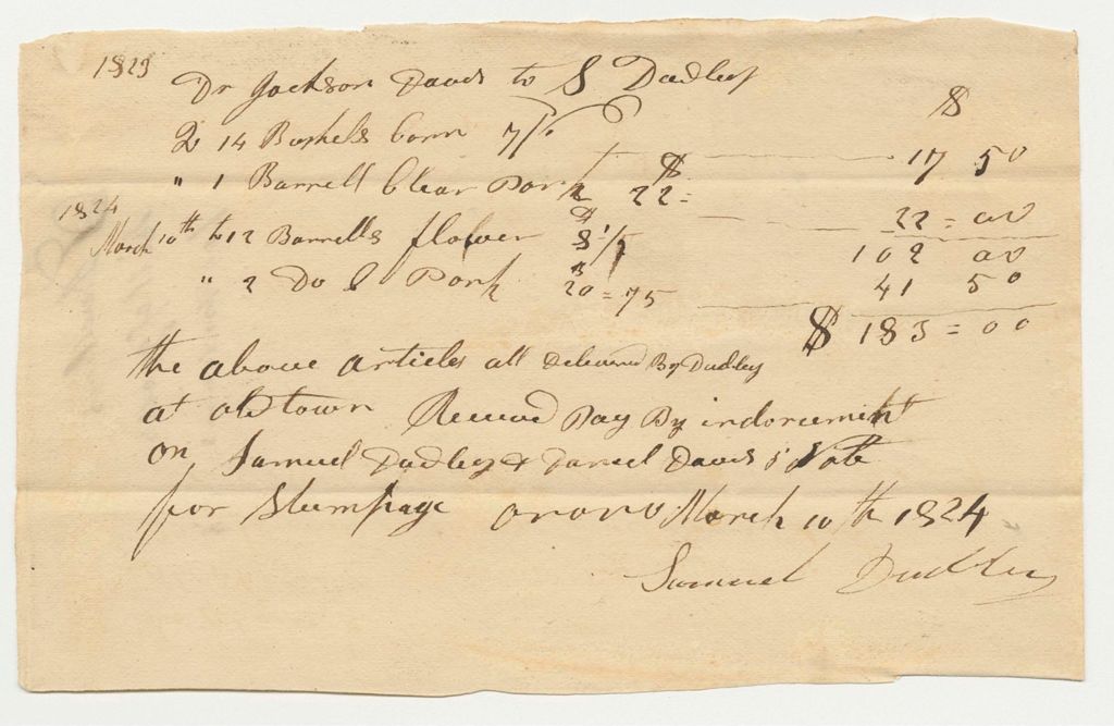 Miniature of Jackson Davis Bill for Food for the Penobscot Indians from Samuel Dudley