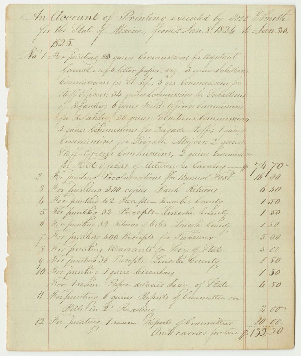 Miniature of Account of Printing Executed by Todd & Smith for the State of Maine