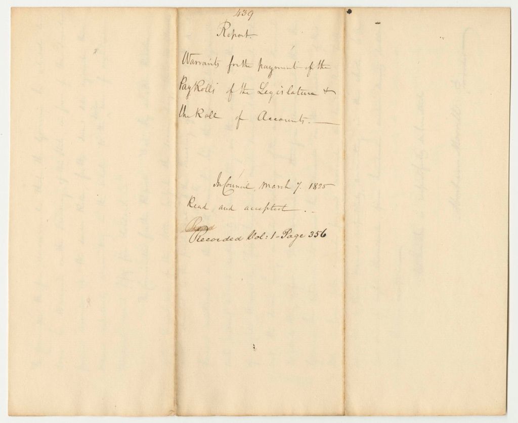 Miniature of Report 439: Report on the Warrants for the Payments of the Payrolls of the Legislature and the Roll of Accounts
