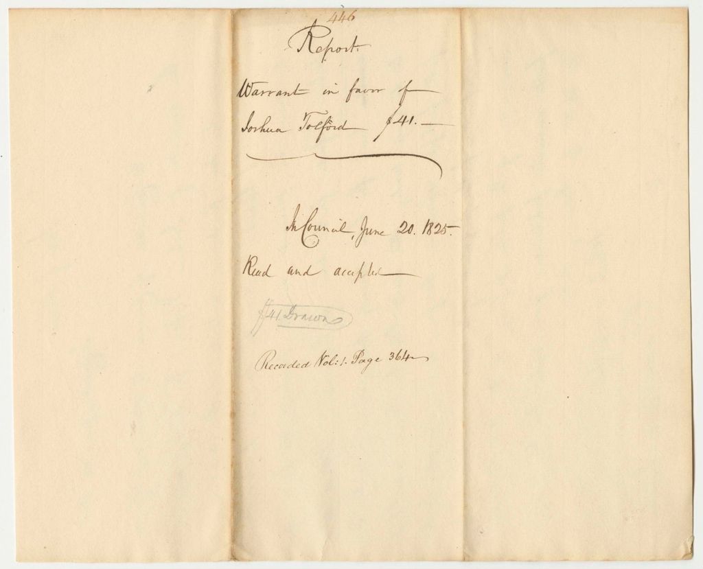 Miniature of Report 446: Report on the Warrant in Favor of Joshua Tolford