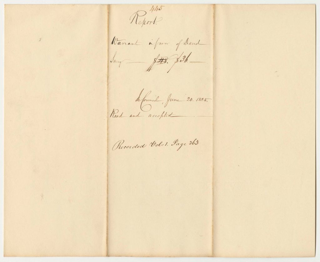 Miniature of Report 445: Report on the Warrant in Favor of David Sevey for a Pension