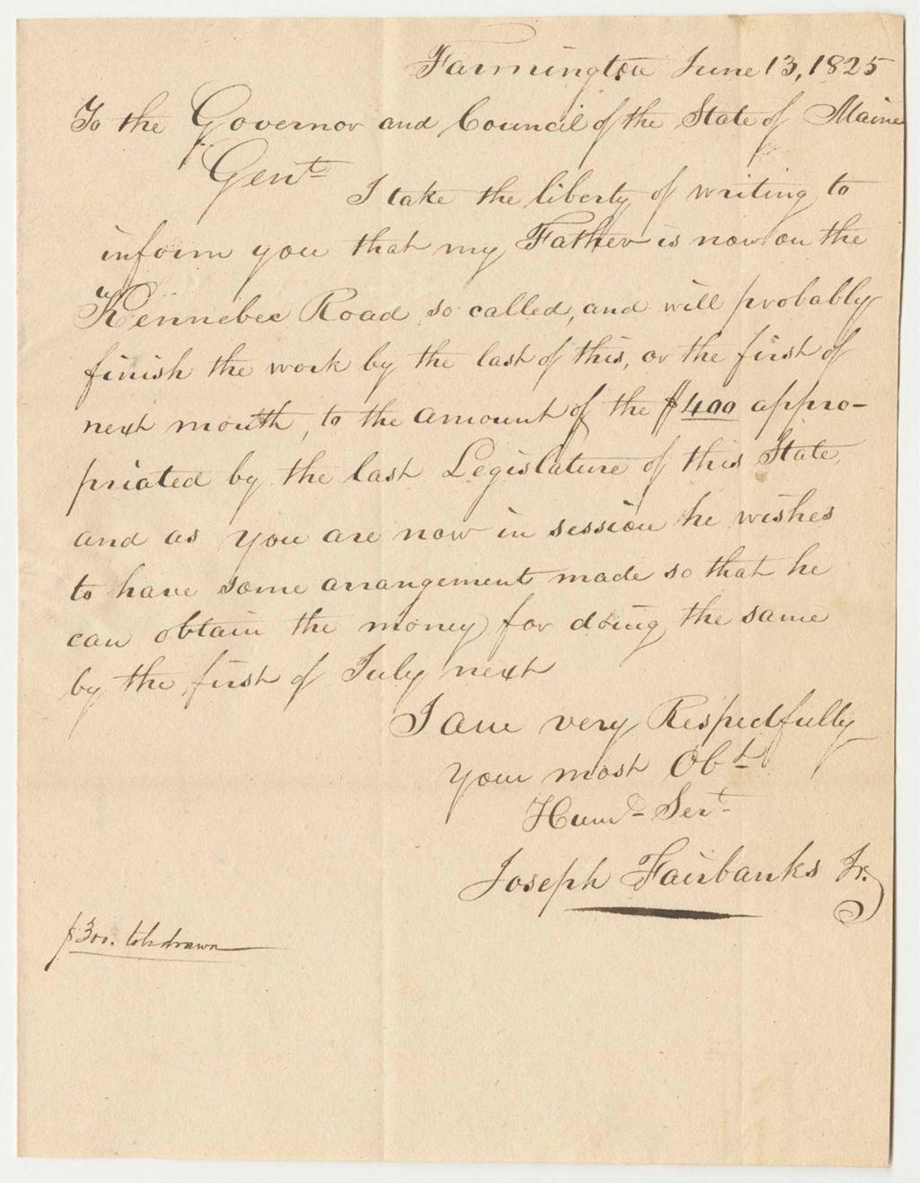 Miniature of Letter from Joseph Fairbanks Jr. on His Father's Work on the Kennebec Road