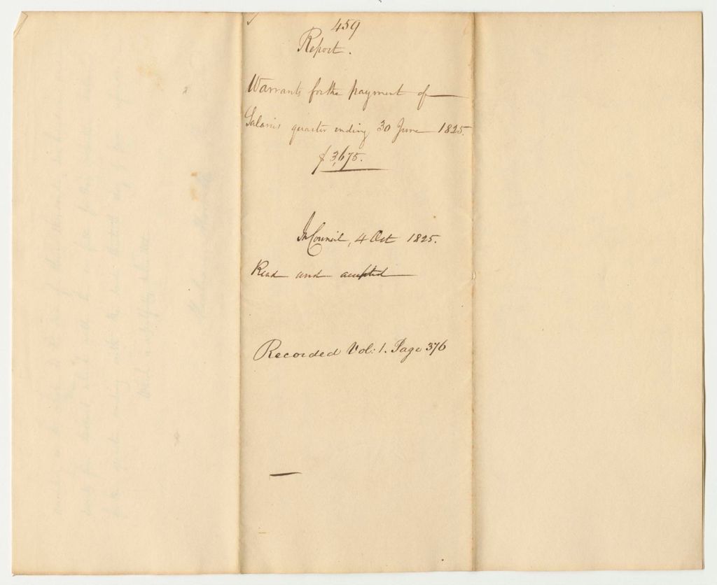 Miniature of Report 459: Report on the Warrants for the Payment of Salaries for the Quarter Ending June 30th 1825