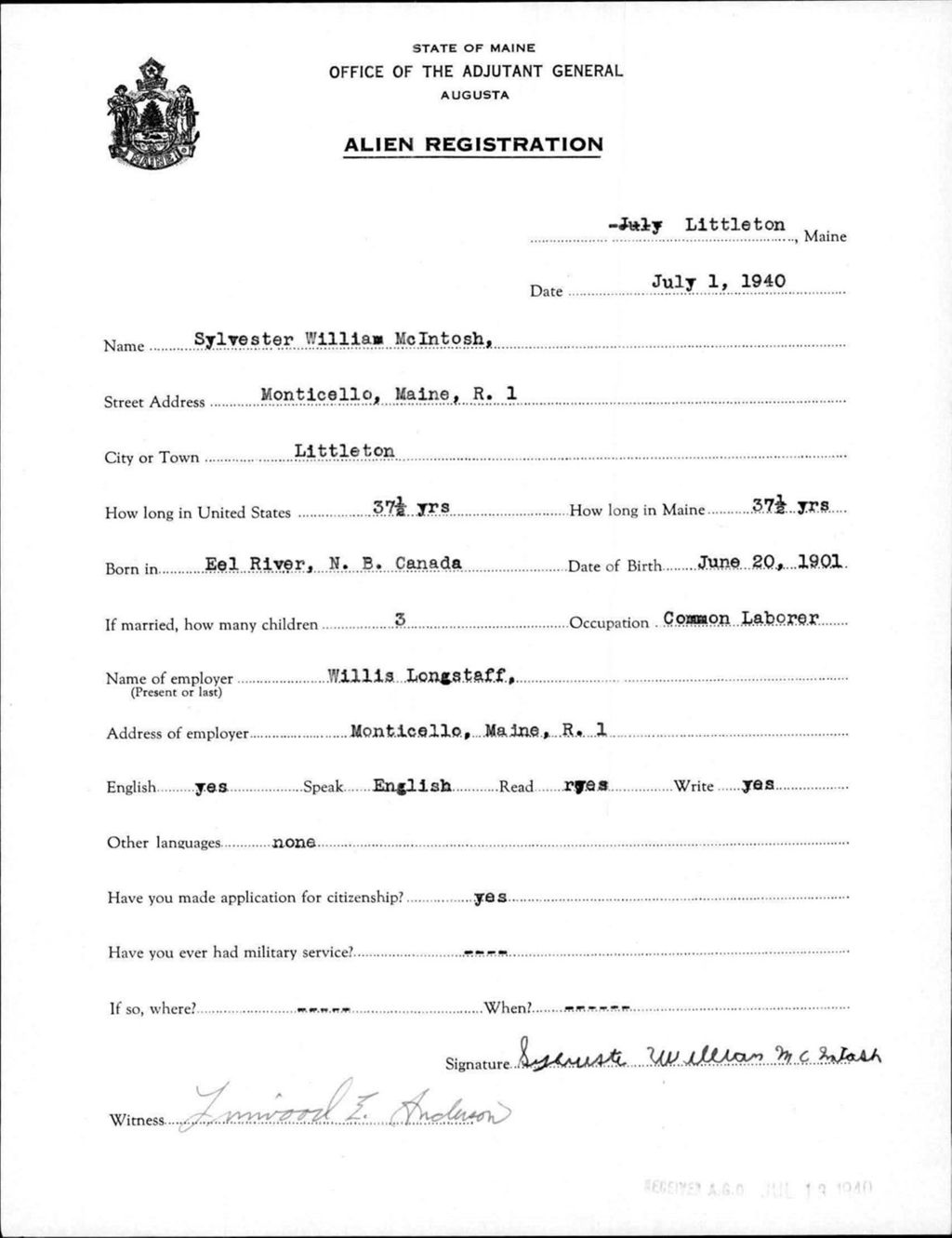 Miniature of Alien Registration- Mcintosh, Sylvester W. (Limestone, Aroostook County)