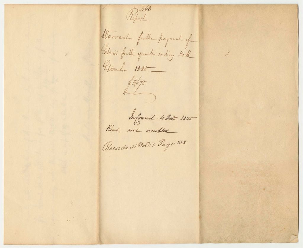 Miniature of Report 463: Report on the Warrant for the Payment of Salaries for the Quarter Ending September 30th 1825