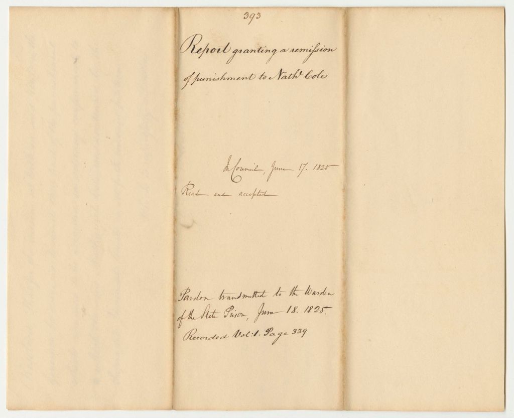 Miniature of Report 393: Report Granting a Remission of Punishment to Nathaniel Cole