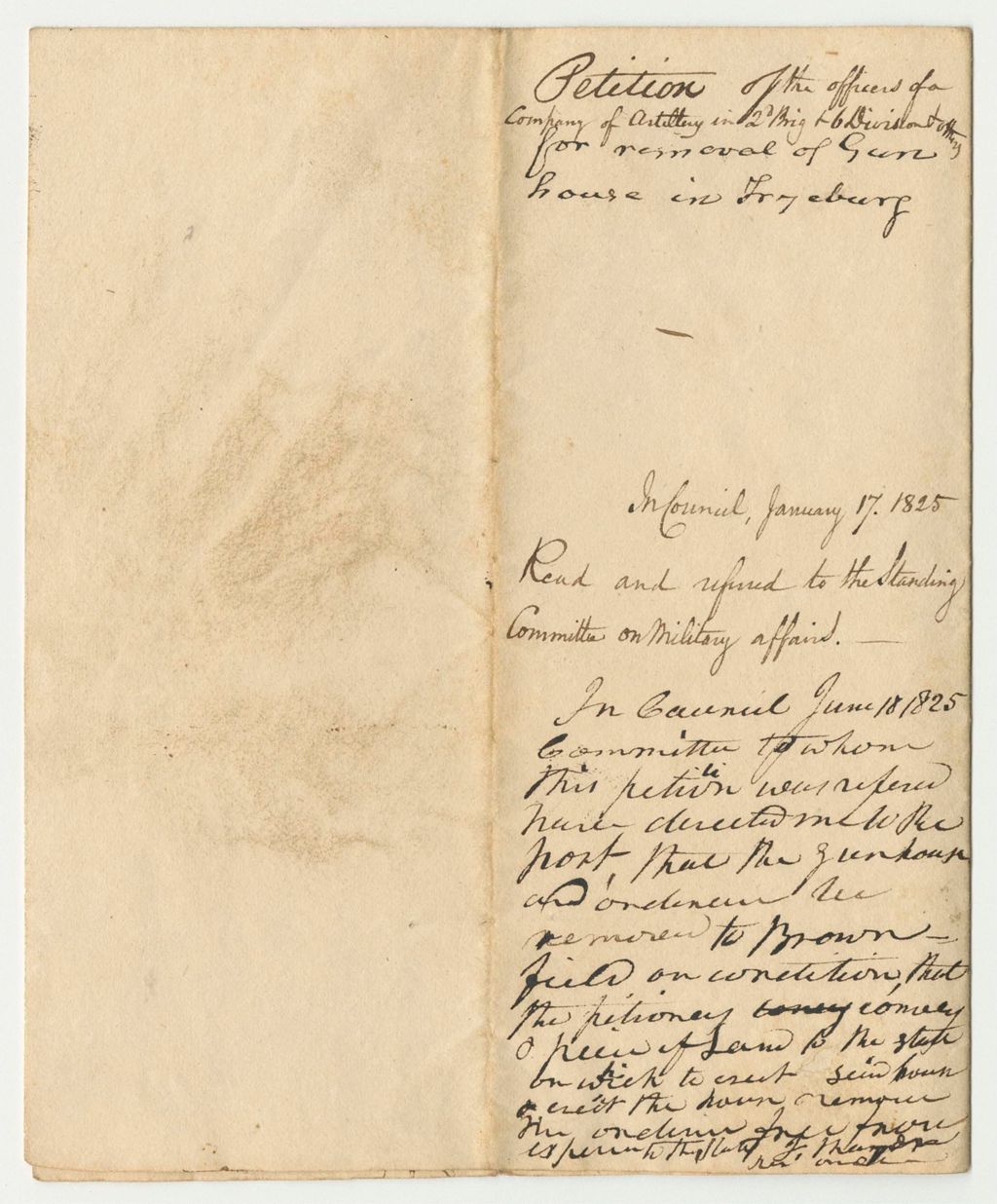 Miniature of Petition of the Officers of a Company of Artillery in the 2nd Brigade 6th Division and Others for Removal of the Gun House in Fryeburg