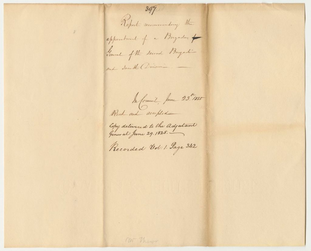 Miniature of Report 397: Report Recommending the Appointment of a Brigadier General of the Second Brigade and Seventh Division