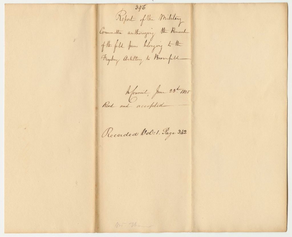 Miniature of Report 396: Report Authorizing the Removal of the Field Pieces Belonging to the Fryeburg Artillery to Brownfield