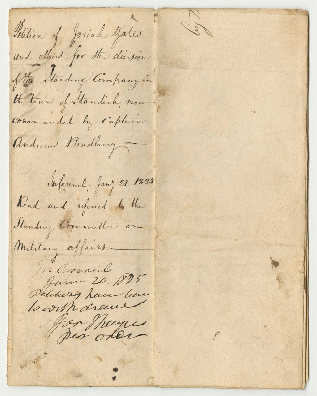 Miniature of Petition of Josiah Yates and Others for the Division of the Standing Company in the Town of Standish, Now Commanded by Captain Andrews Bradley