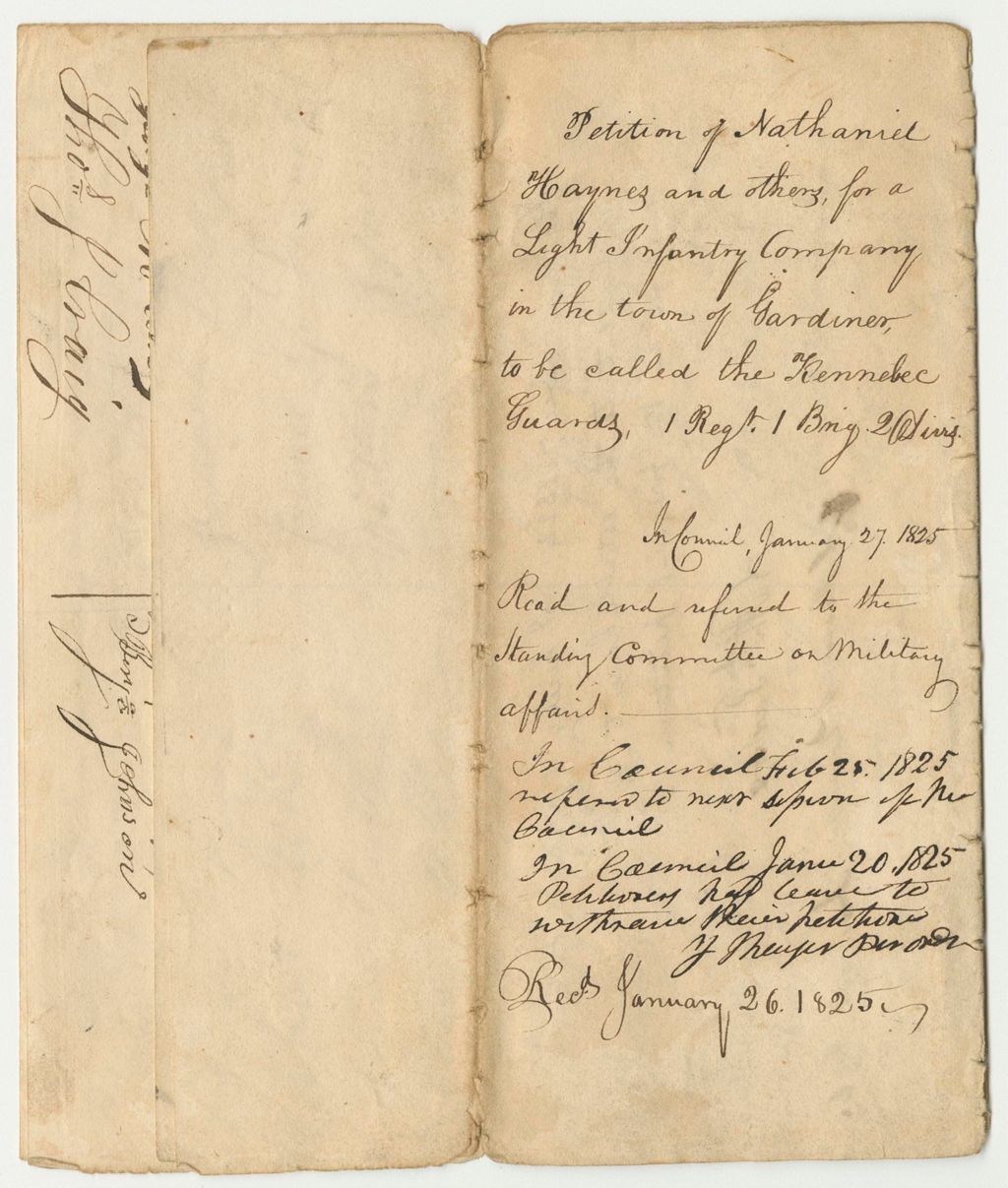 Miniature of Petition of Nathaniel Haynes and Others, for a Light Infantry Company in the Town of Gardiner, to be Called the "Kennebec Guards"