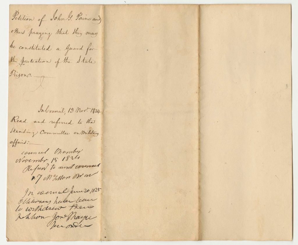 Miniature of Petition of John G. Paine and Others Praying That They May be Constituted a Guard for the Protection of the State Prison