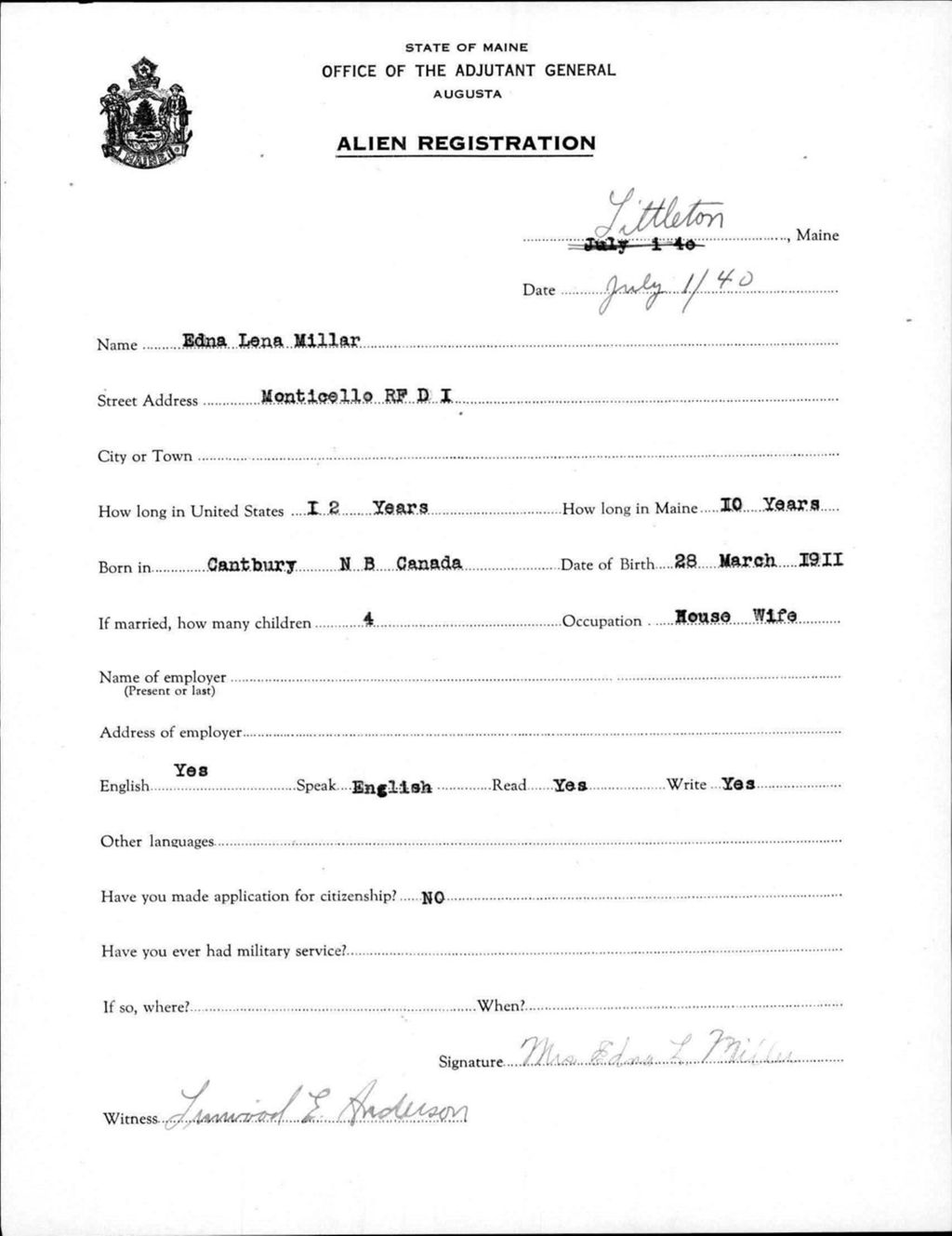Miniature of Alien Registration- Millar, Edna L. (Limestone, Aroostook County)