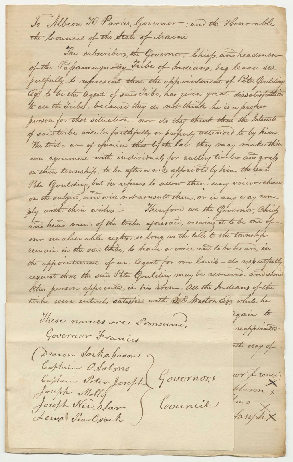 Miniature of Petition of the Chiefs of the Passamaquoddy Tribe of Indians for Removal of the Agent