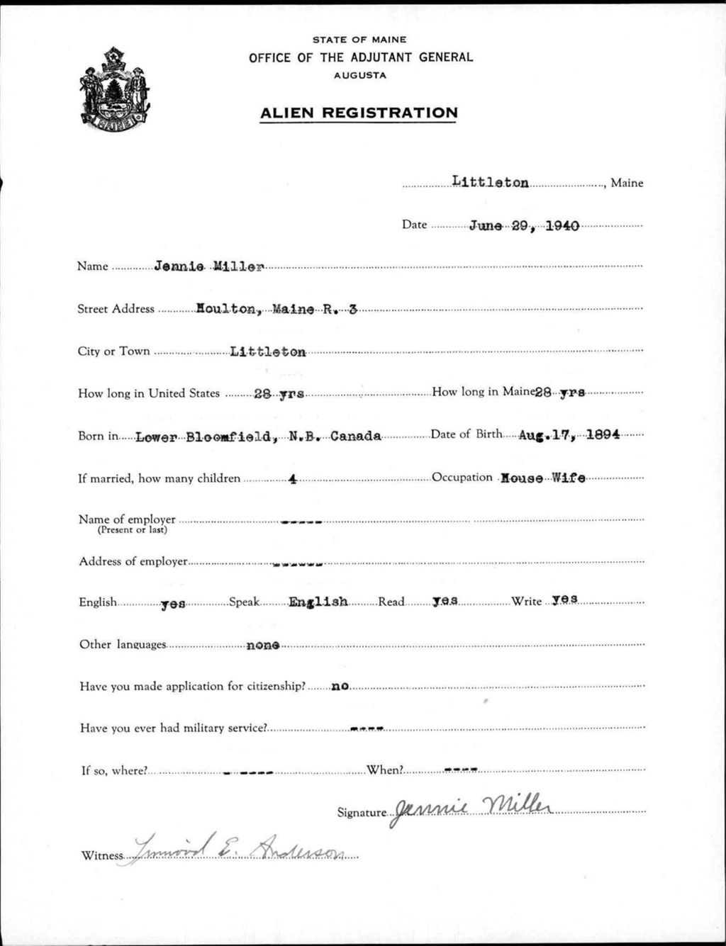Miniature of Alien Registration- Miller, Jennie (Limestone, Aroostook County)