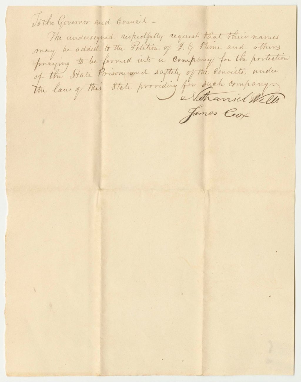 Miniature of Addition of Nathaniel Wells and James Cox to the Petition of J.G. Paine and Others for the Formation of a Company for the Protection of the State Prison