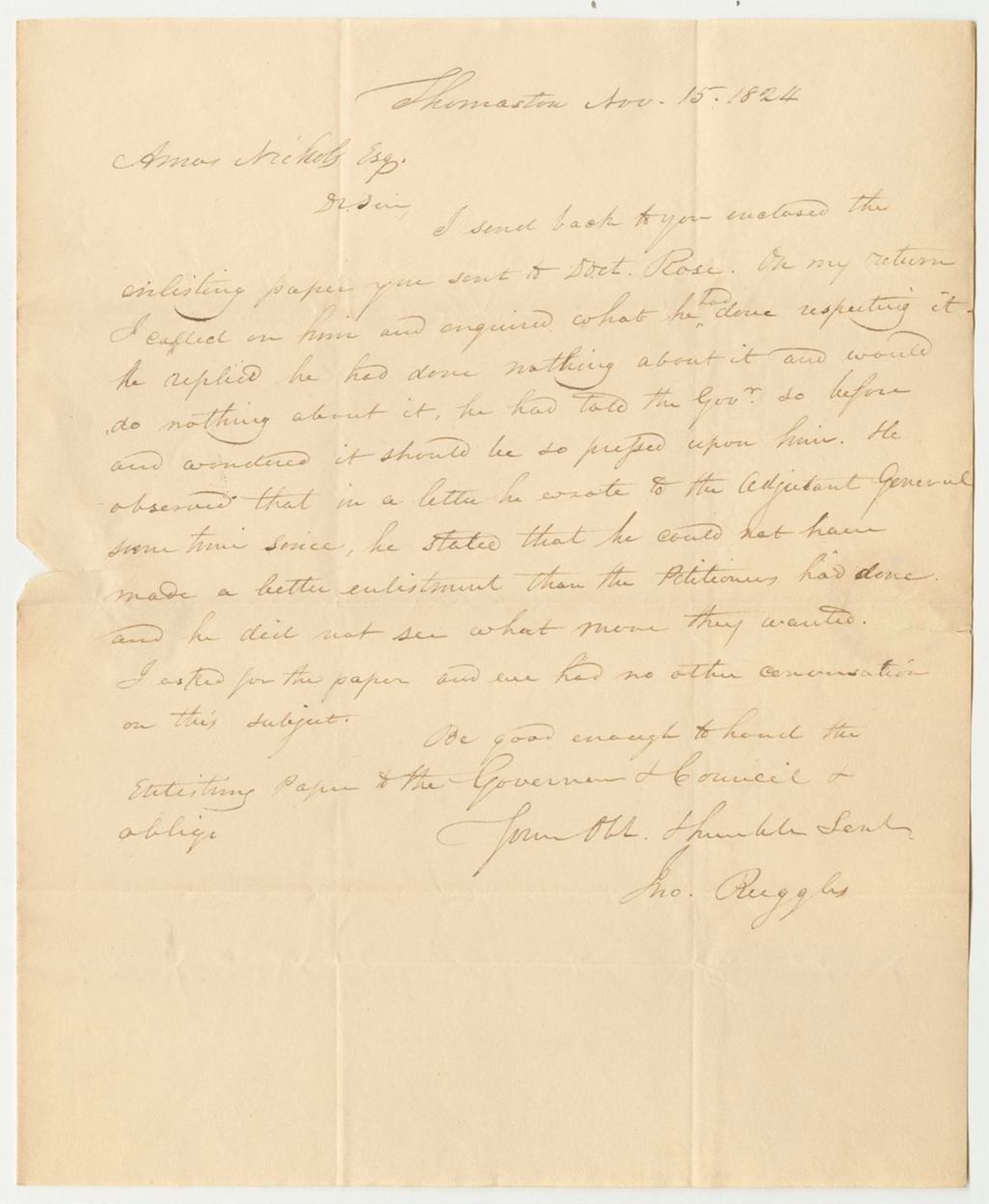 Miniature of Letter from John Ruggles Regarding Petition of John G. Pain