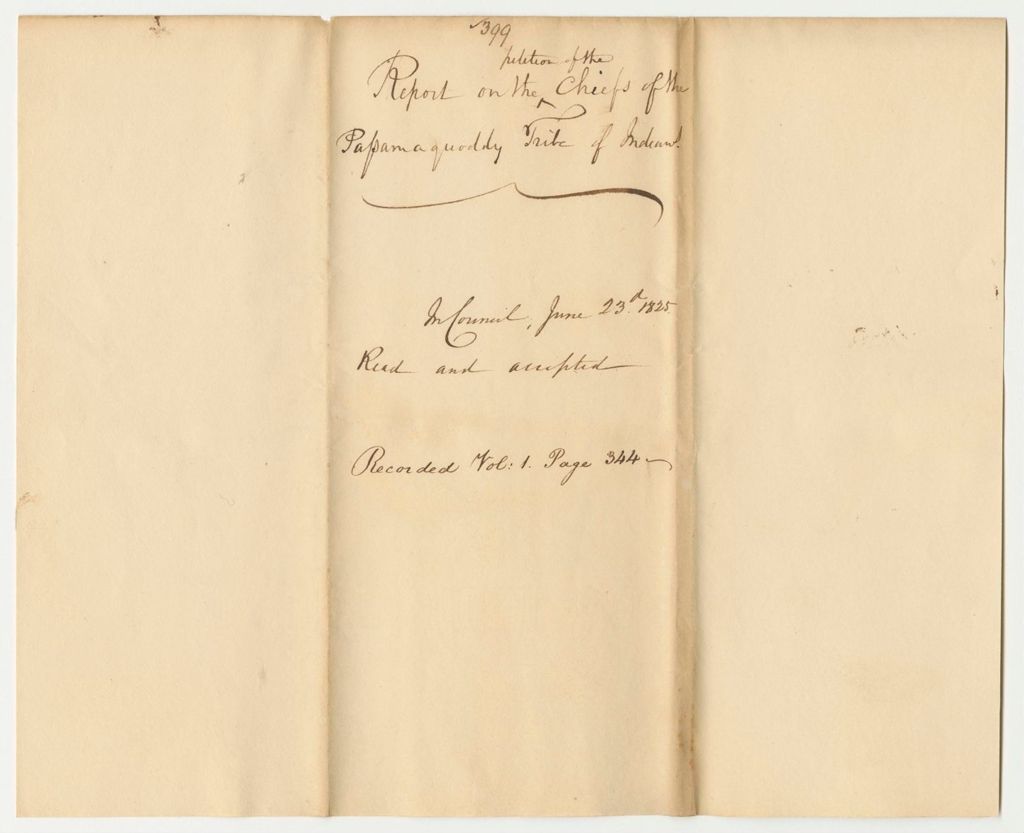 Miniature of Report 399: Report on the Petition of the Chiefs of the Passamaquoddy Tribe of Indians for Removal of the Agent