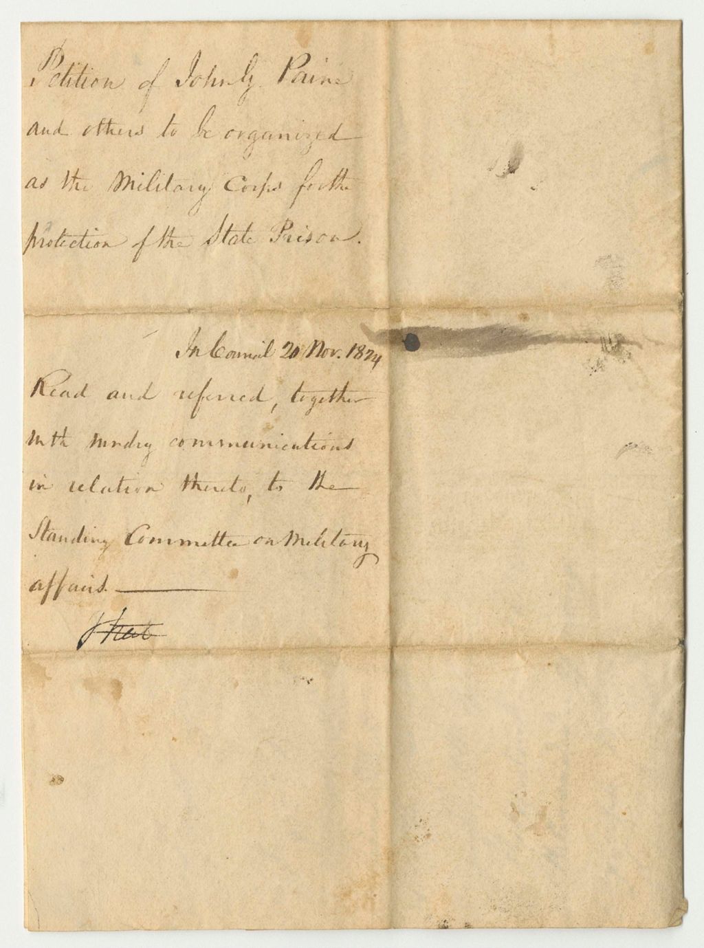 Miniature of Petition of John G. Paine and Others to be Organized as the Military Corps for the Protection of the State Prison
