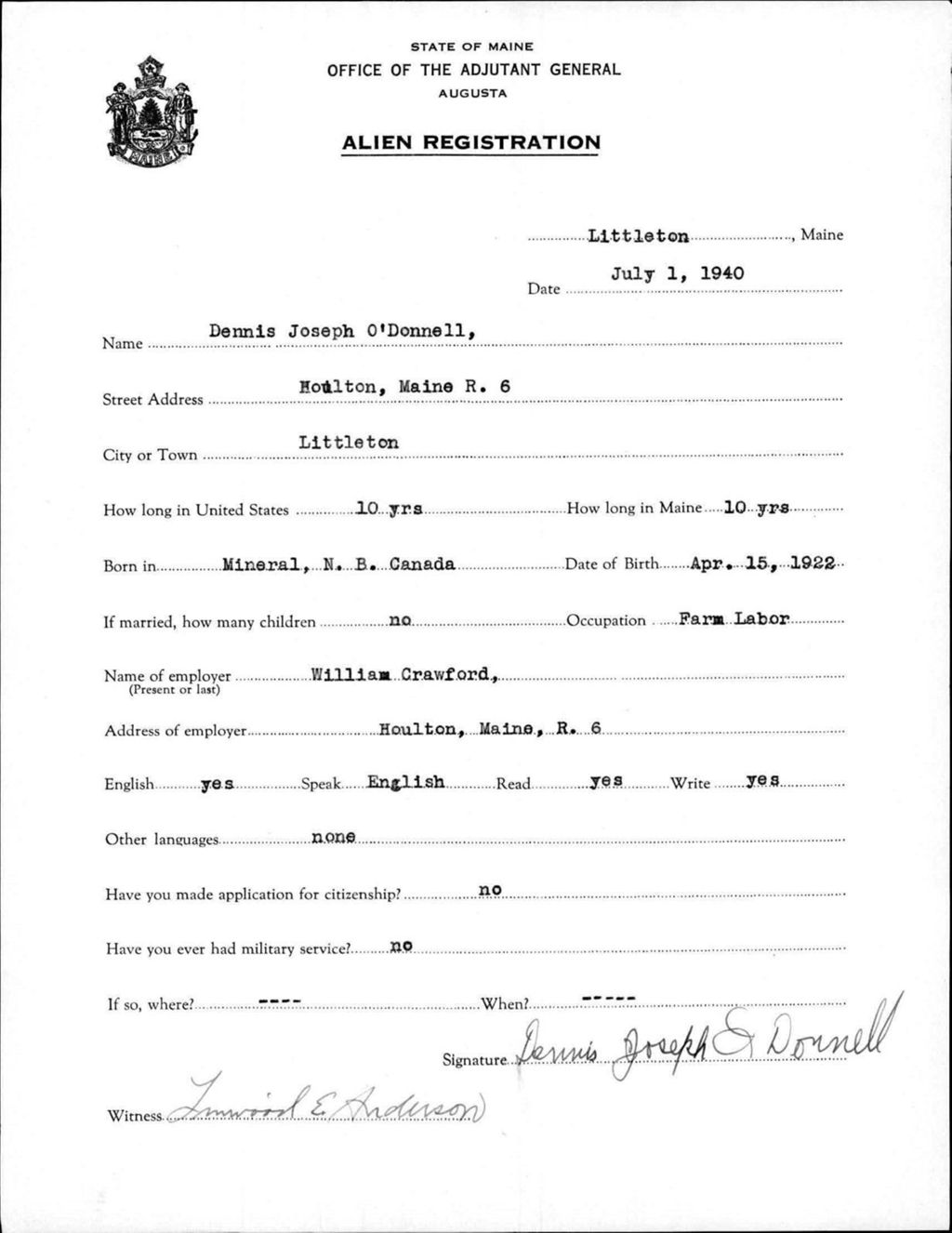 Miniature of Alien Registration- Odonnell, Dennis J. (Limestone, Aroostook County)