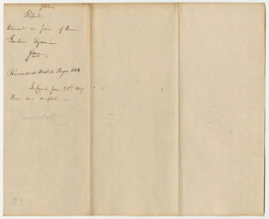 Miniature of Report 763: Report on the Warrant in Favor of the Gardiner Lyceum