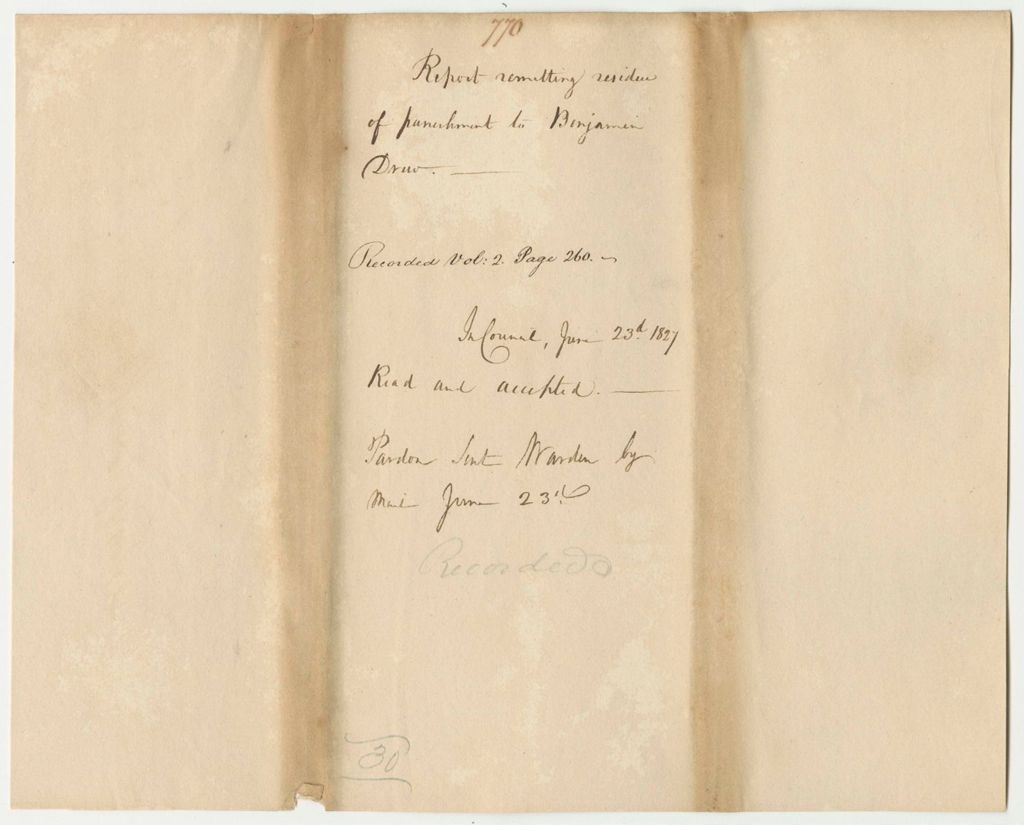Miniature of Report 770: Report Remitting the Resiude of Punishment to Benjamin Drew