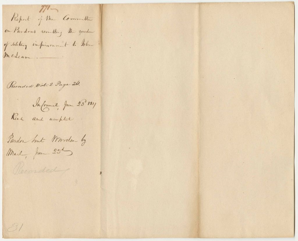Miniature of Report 771: Report Remitting the Residue of Solitary Imprisonment to John McLean