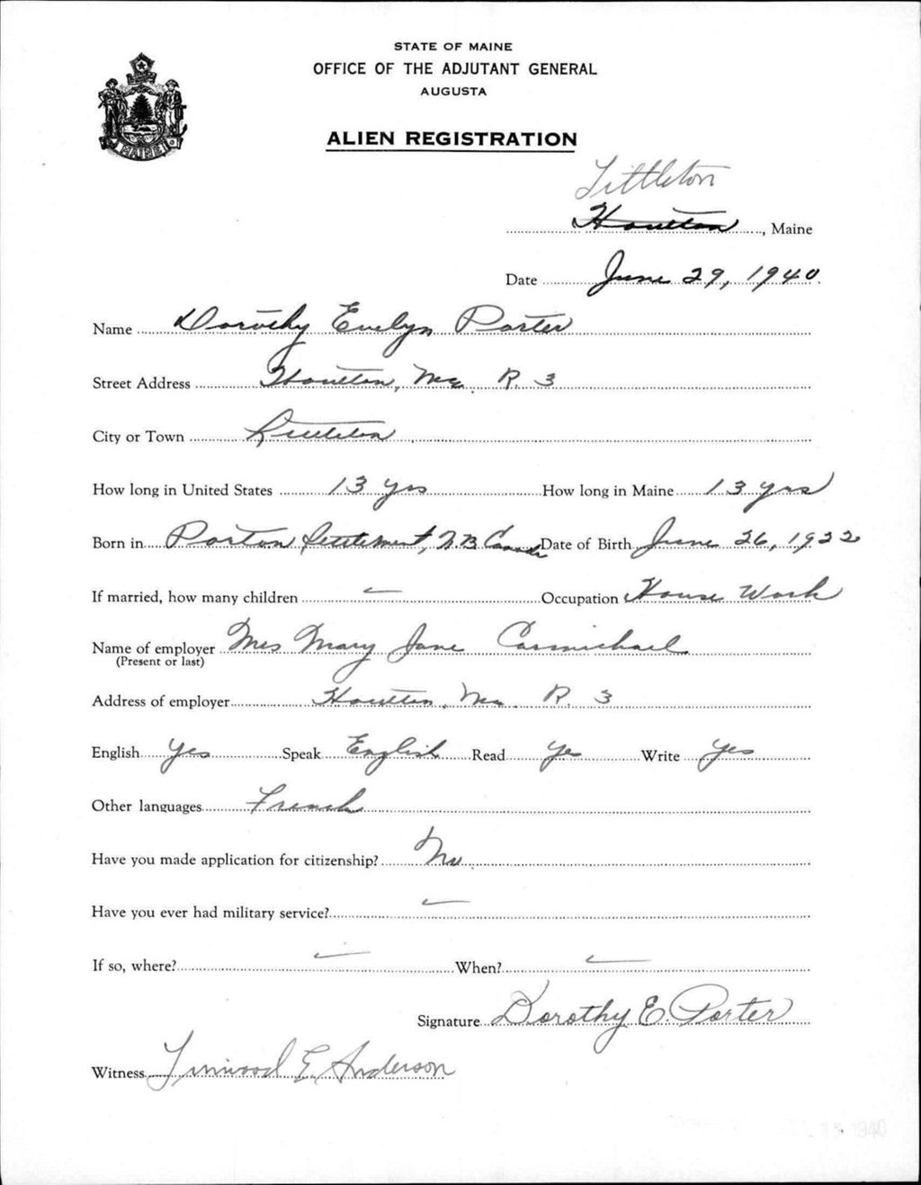 Miniature of Alien Registration- Porter, Dorothy E. (Limestone, Aroostook County)