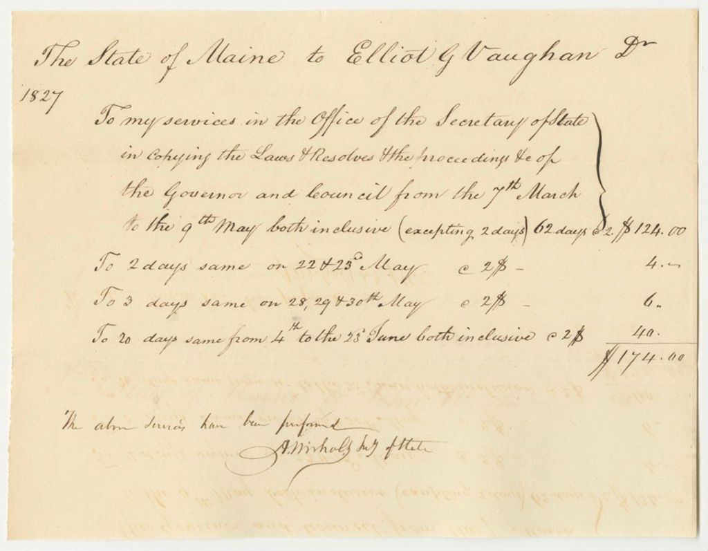Miniature of Elliot G. Vaughan Bill for Work as Clerk in the Office of the Secretary of State