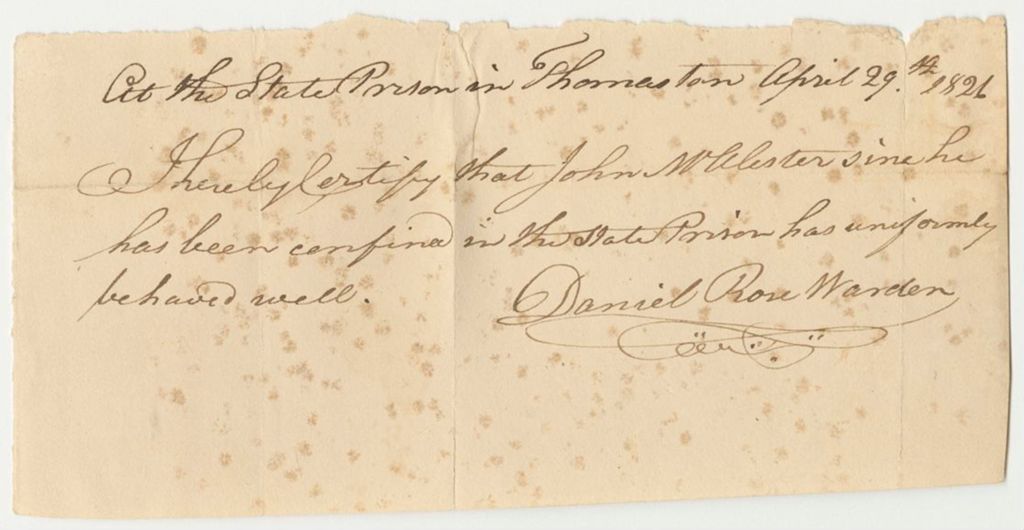 Miniature of Warden Daniel Rose Certification of the Behavior of John McAllister in Prison