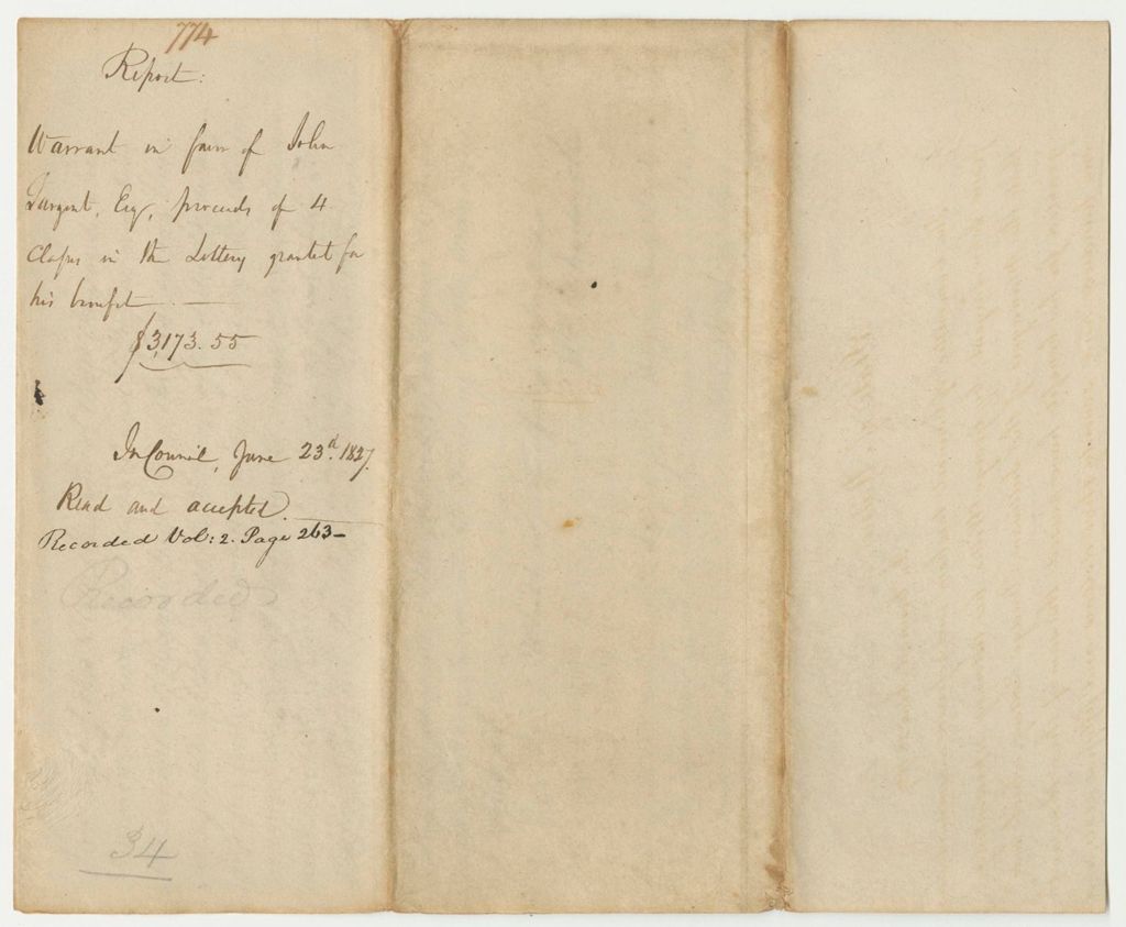 Miniature of Report 774: Report on the Warrant in Favor of John Sargent, Esq., Proceeds of the 4th Class in the Lottery Granted for His Benefit