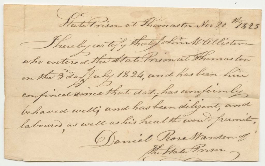 Miniature of Warden Daniel Rose Certification of the Behavior of John McAllister in Prison
