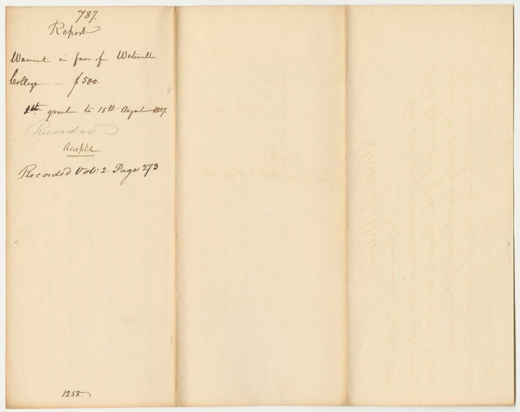 Miniature of Report 787: Report on the Warrant in Favor of Waterville College