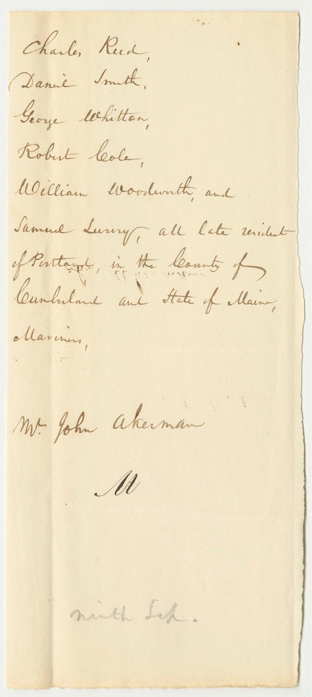 Miniature of List of Men Transported by John Ackerman from Massachusetts to Maine Charged with Murder