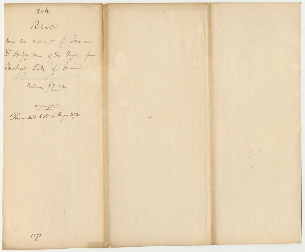 Miniature of Report 806: Report on the Account of Samuel F. Hussey, One of the Agents of the Penobscot Tribe of Indians