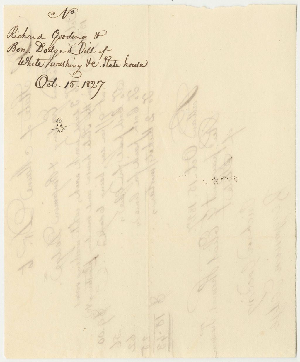 Miniature of Richard Gooding and Benjamin Dodge's Bill for Whitewashing and Repairing Chimneys in the Senate House