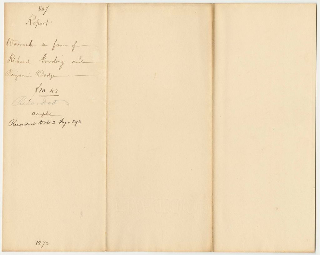 Miniature of Report 807: Report on the Warrant in Favor of Richard Gooding and Benjamin Dodge for Whitewashing and Repairing Chimneys in the Senate House