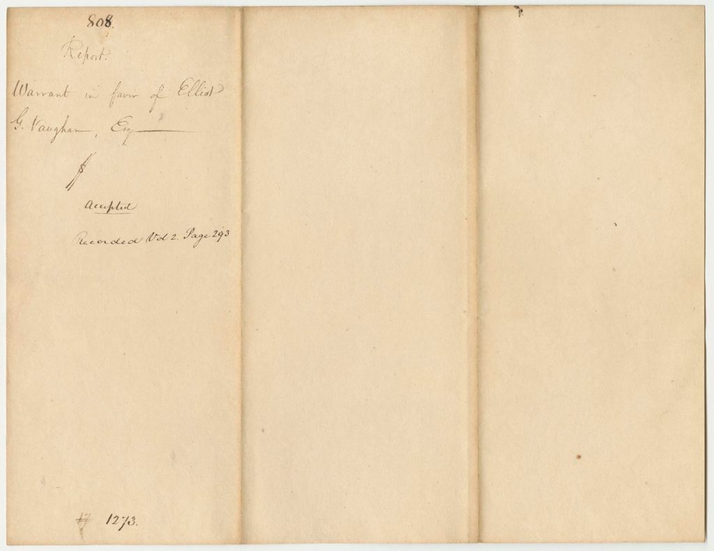 Miniature of Report 808: Report on the Warrant in Favor of Elliot G. Vaughan, Esq., Secretary of State's Clerk
