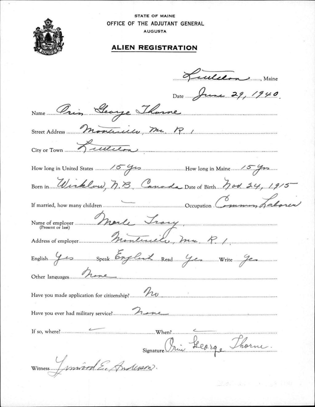 Miniature of Alien Registration- Thorne, Orin G. (Limestone, Aroostook County)