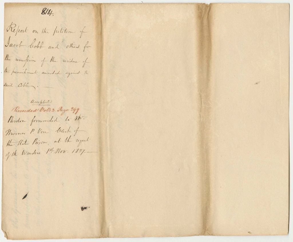 Miniature of Report 814: Report on the Petition of Jacob Cobb and Others for the Remission of the Residue of Punishment Awarded Against Him